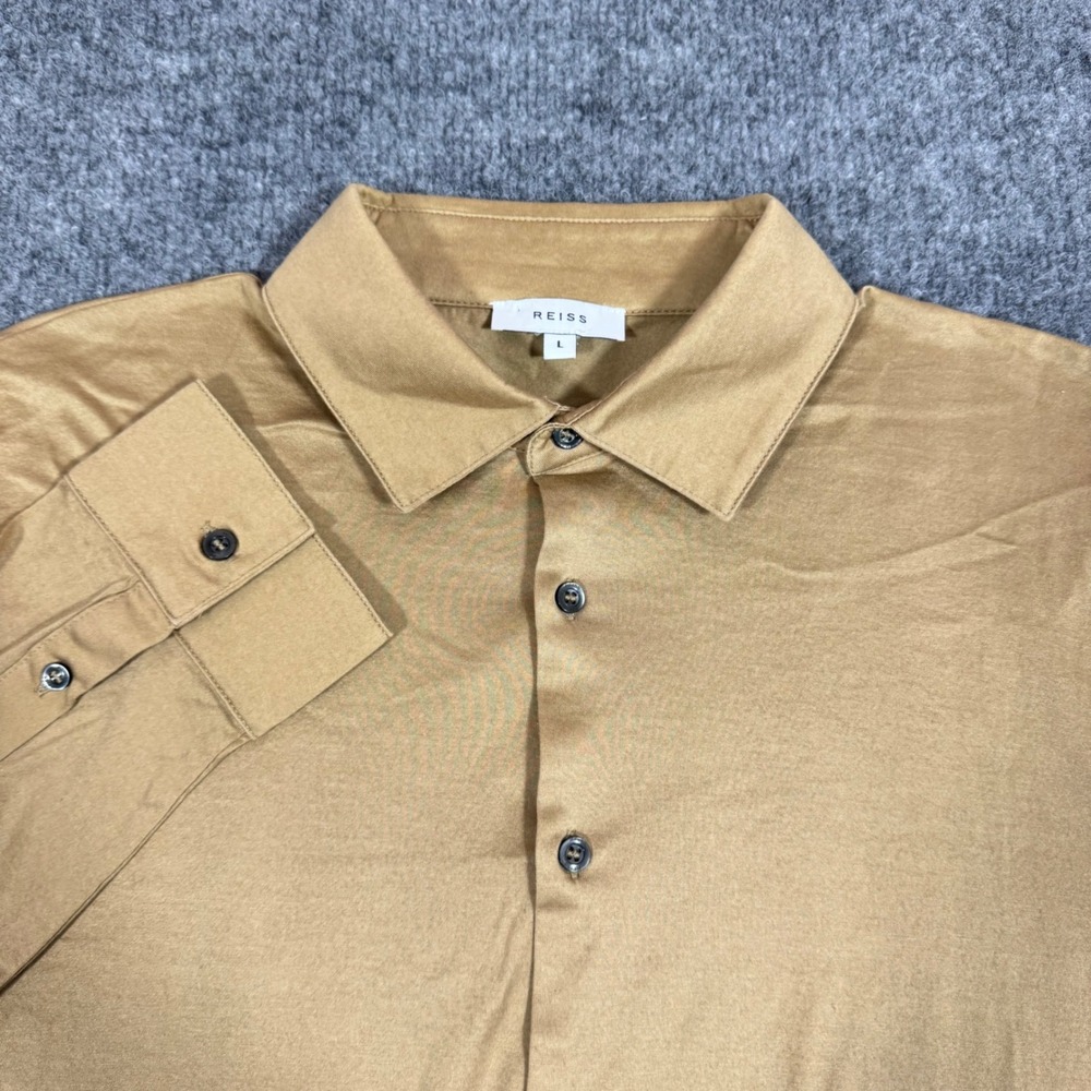 Reiss Jersey Button Down Shirt Men L Tan Camel Long Sleeve Minimalist EUC